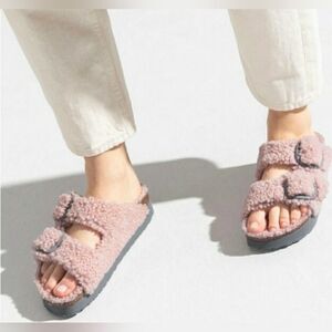Birkenstock Pink Shearling Dual-Buckle Slide Sandals